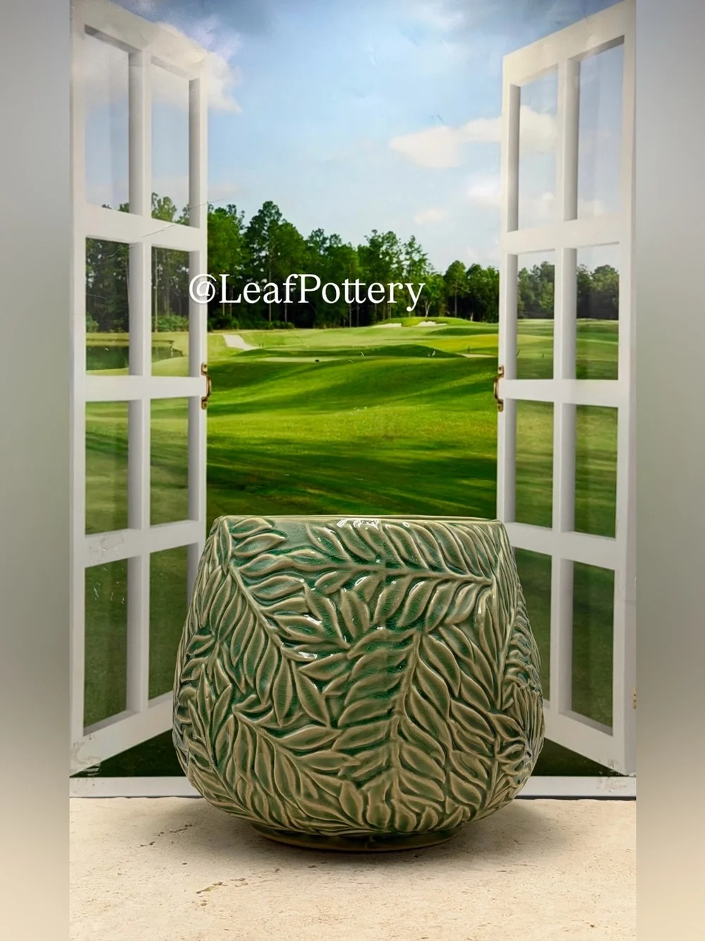 Green Leaf Ceramic Planter 7x7, Textured Fern Leaf Flower Pot with Drainage Hole